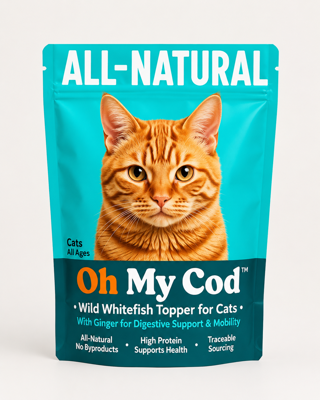 Oh My Cod™ Wild Whitefish Topper packaging concept for cats
